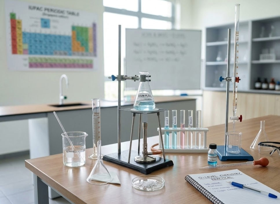 O-Level Chemistry lab learning environment with school laboratory apparatus
